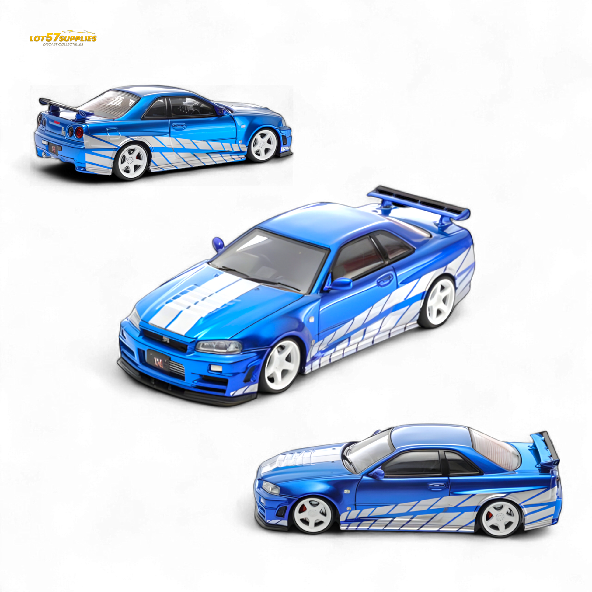 Blue Nissan Skyline GT-R R34 Nismo Z-Tune diecast model in 1:64 scale, detailed miniature car for collectors.