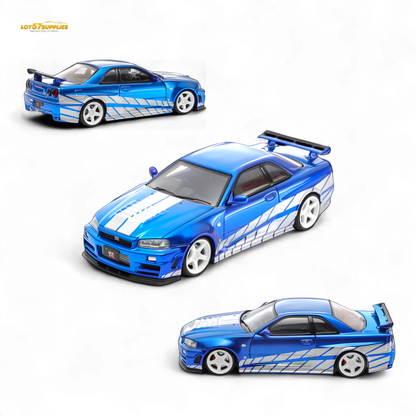 Blue Nissan Skyline GT-R R34 Nismo Z-Tune diecast model in 1:64 scale, detailed miniature car for collectors.