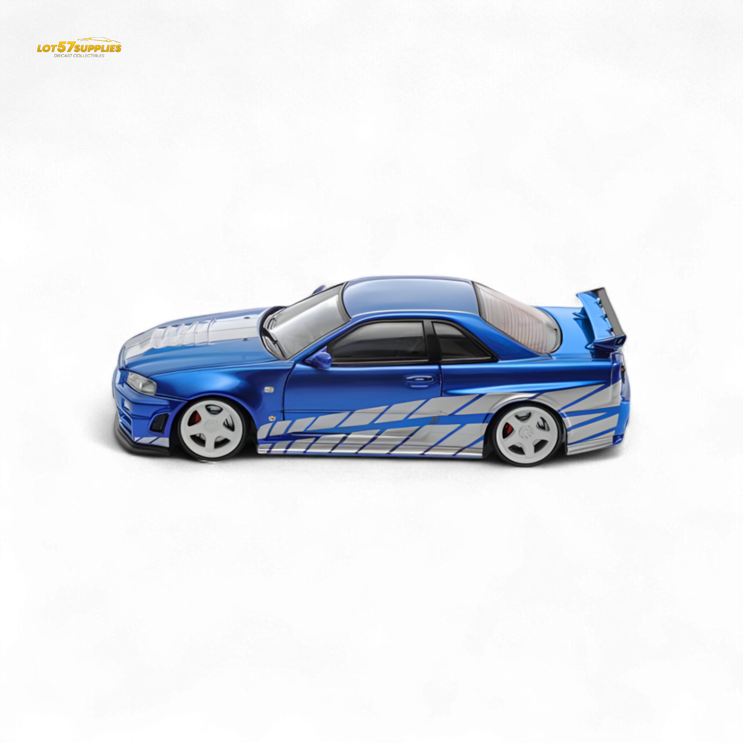 Blue Nissan Skyline GT-R R34 Nismo Z-Tune diecast model in 1:64 scale, featuring detailed design and vibrant paint.
