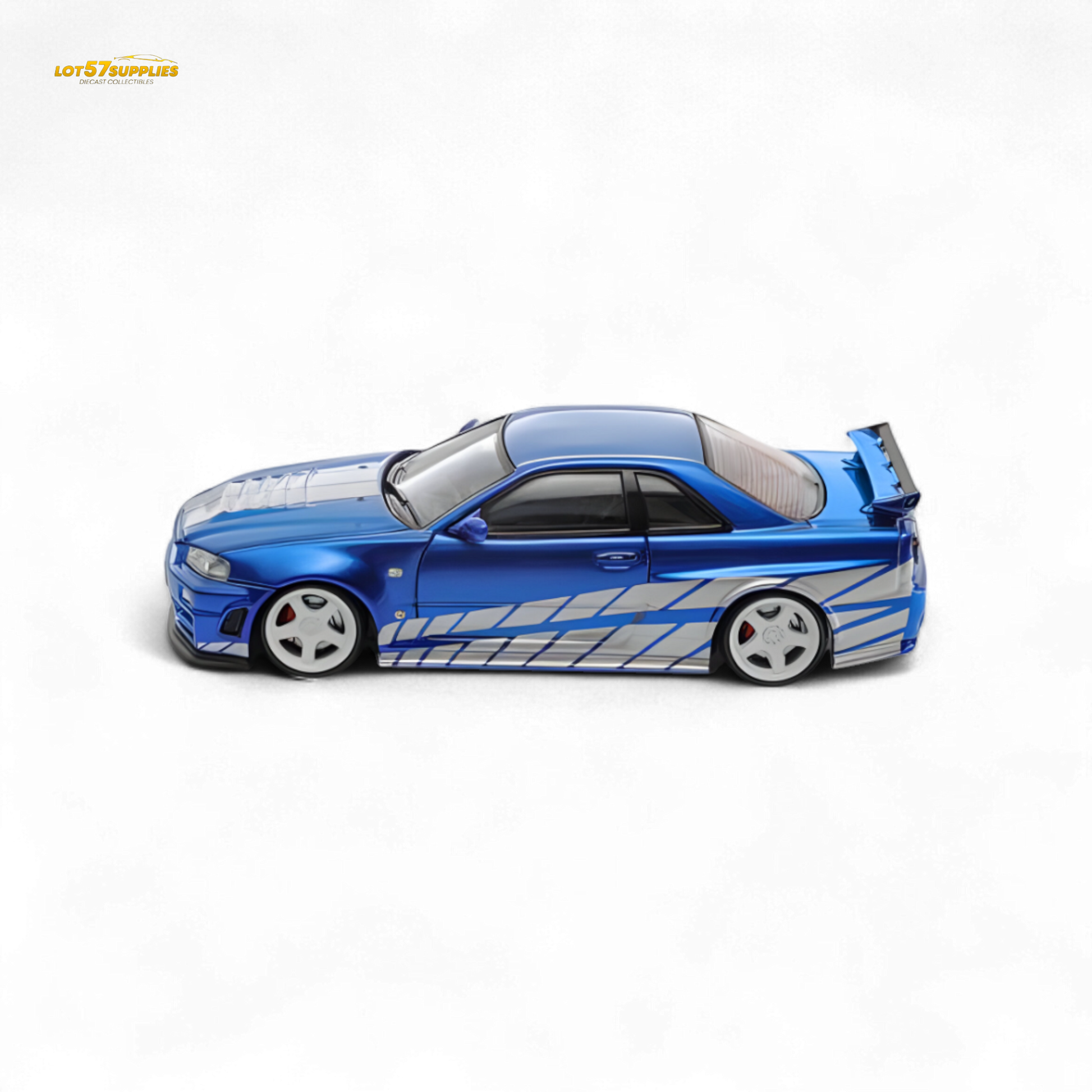 Blue Nissan Skyline GT-R R34 Nismo Z-Tune diecast model in 1:64 scale, featuring detailed design and vibrant paint.