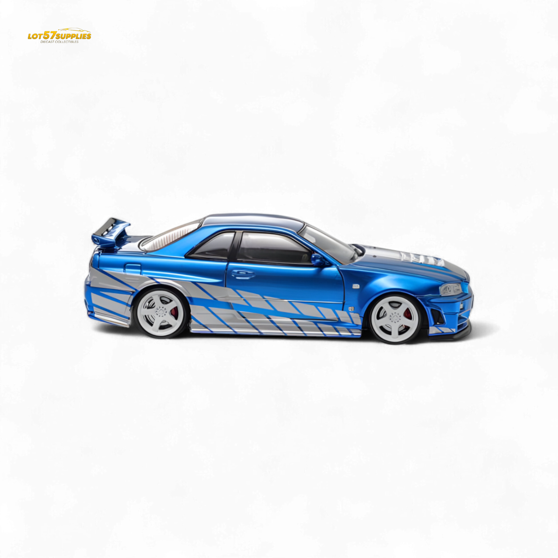 Blue Nissan Skyline GT-R R34 Nismo Z-Tune diecast model in 1:64 scale, detailed and realistic, from Lot57Supplies Diecast Shop.