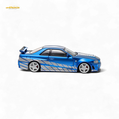 Blue Nissan Skyline GT-R R34 Nismo Z-Tune diecast model in 1:64 scale, detailed and realistic, from Lot57Supplies Diecast Shop.