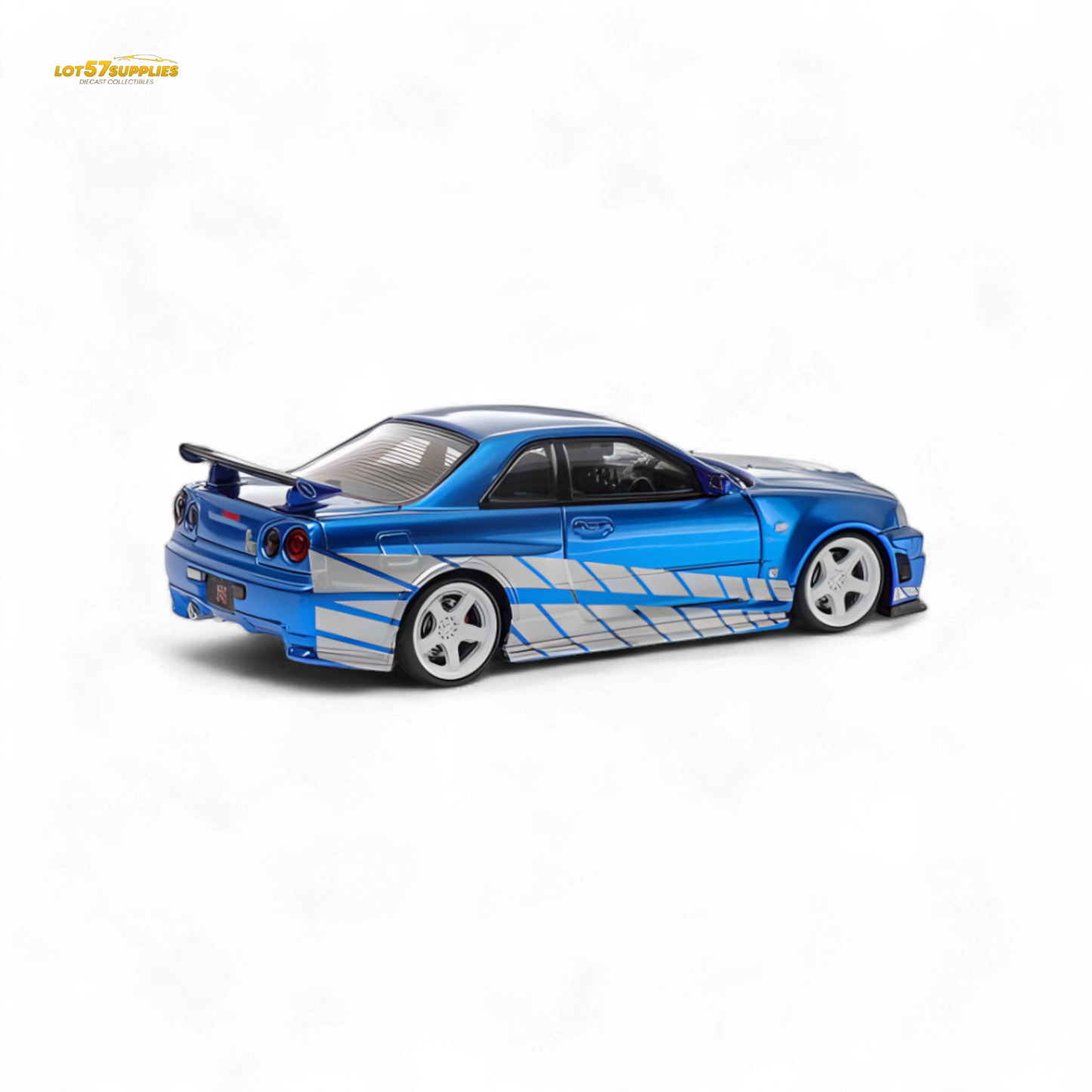 Blue Nissan Skyline GT-R R34 Nismo Z-Tune diecast model, 1:64 scale, showcasing detailed exterior from Lot57Supplies Diecast Shop.