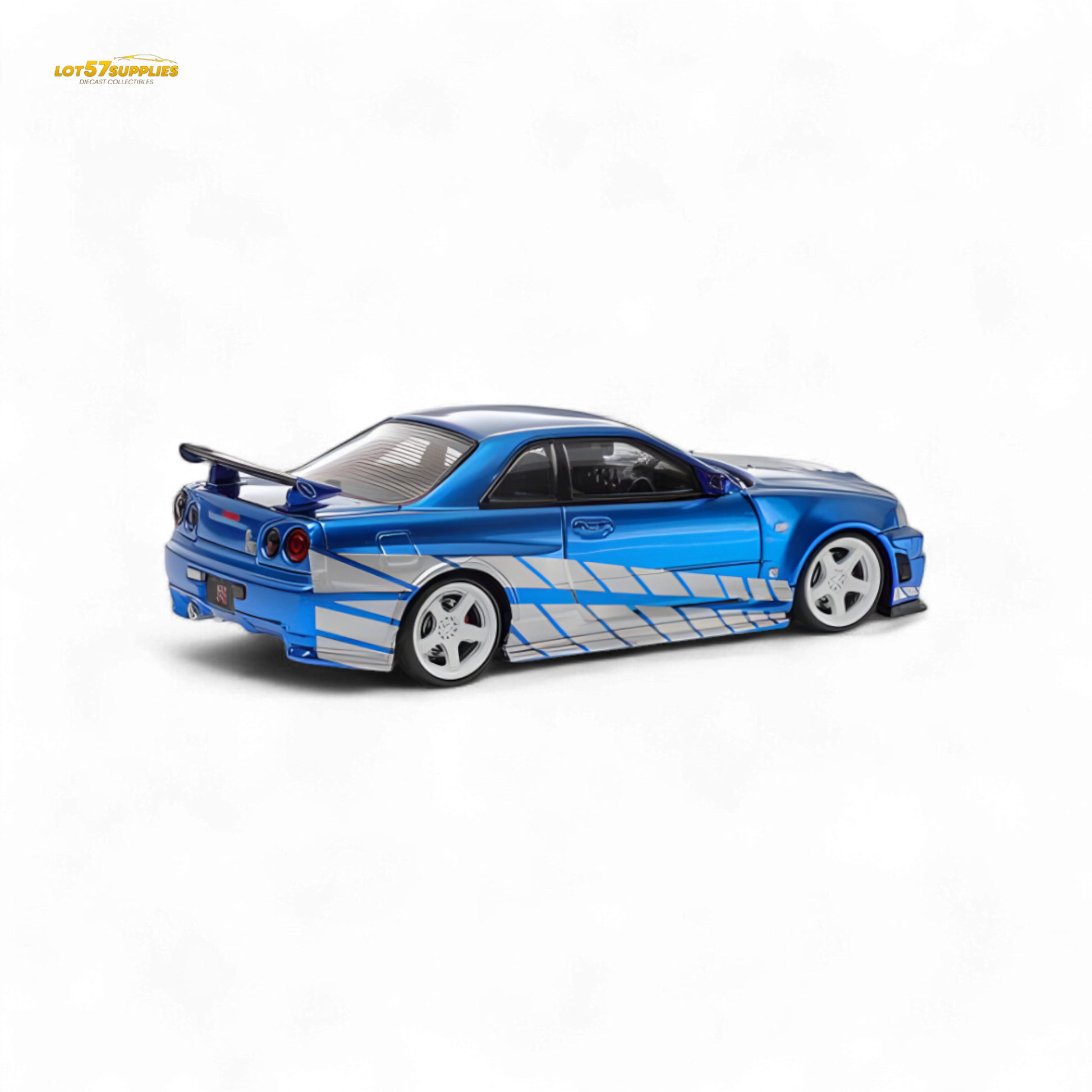 Blue Nissan Skyline GT-R R34 Nismo Z-Tune diecast model, 1:64 scale, showcasing detailed exterior from Lot57Supplies Diecast Shop.