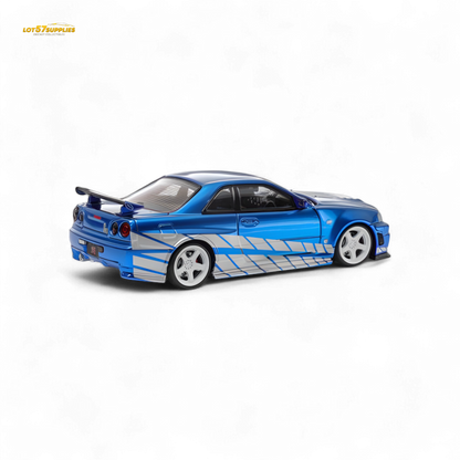 Blue Nissan Skyline GT-R R34 Nismo Z-Tune diecast model, 1:64 scale, showcasing detailed exterior from Lot57Supplies Diecast Shop.