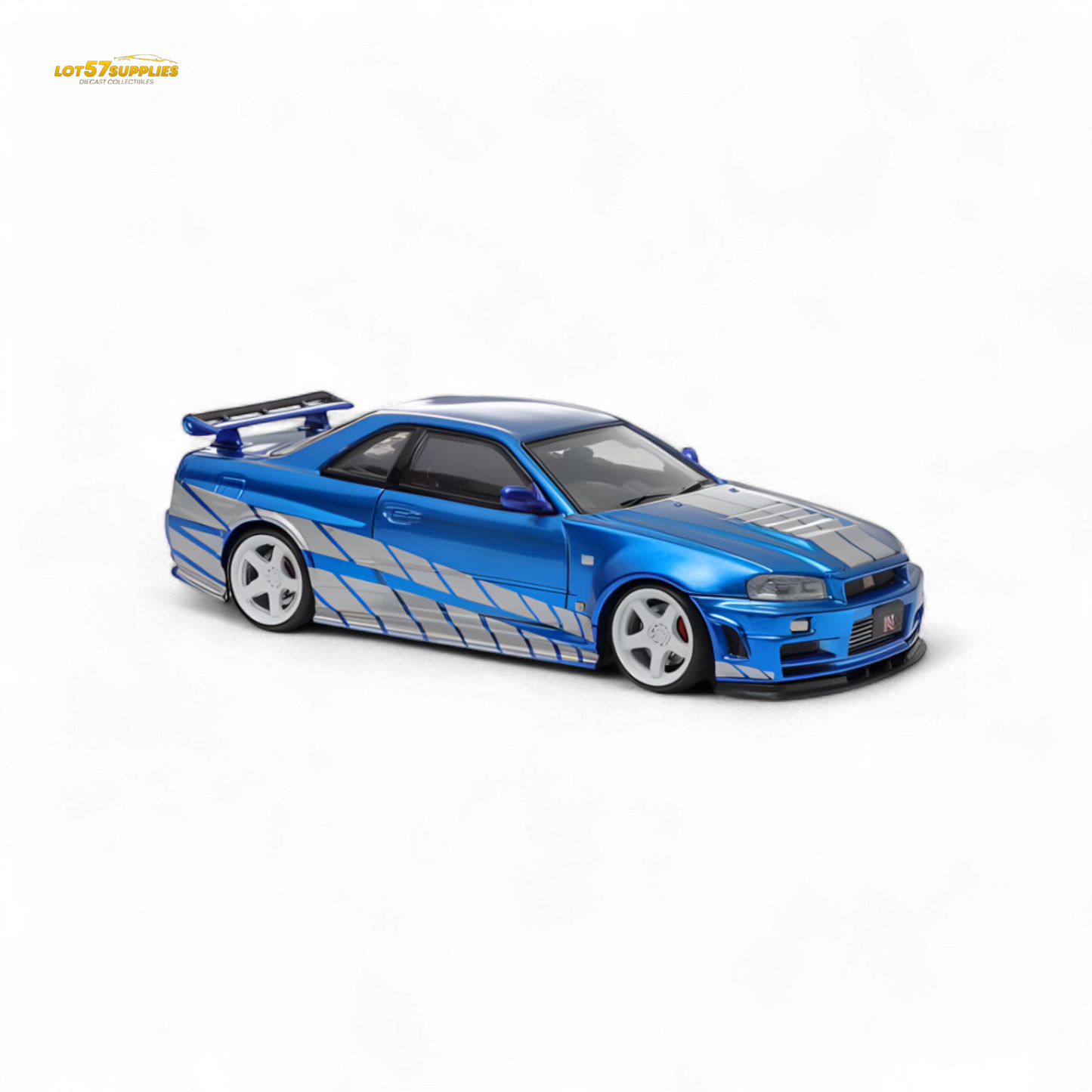 Blue Nissan Skyline GT-R R34 Nismo Z-Tune diecast car in 1:64 scale, detailed model from Lot57Supplies Diecast Shop.
