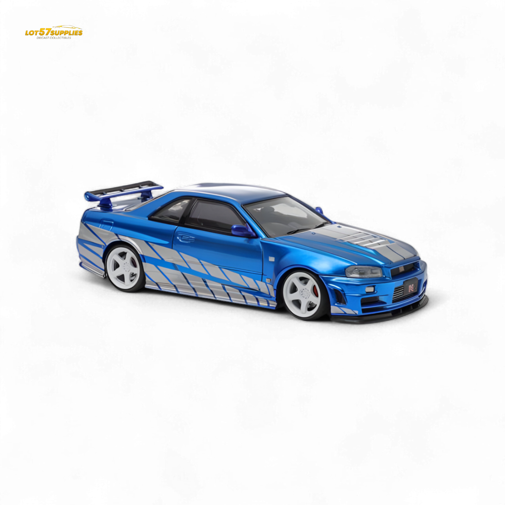 Blue Nissan Skyline GT-R R34 Nismo Z-Tune diecast car in 1:64 scale, detailed model from Lot57Supplies Diecast Shop.