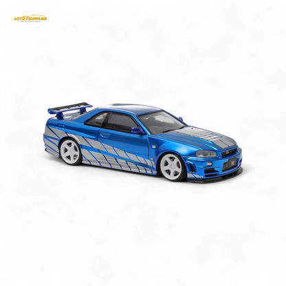 Blue Nissan Skyline GT-R R34 Nismo Z-Tune diecast car in 1:64 scale, detailed model from Lot57Supplies Diecast Shop.