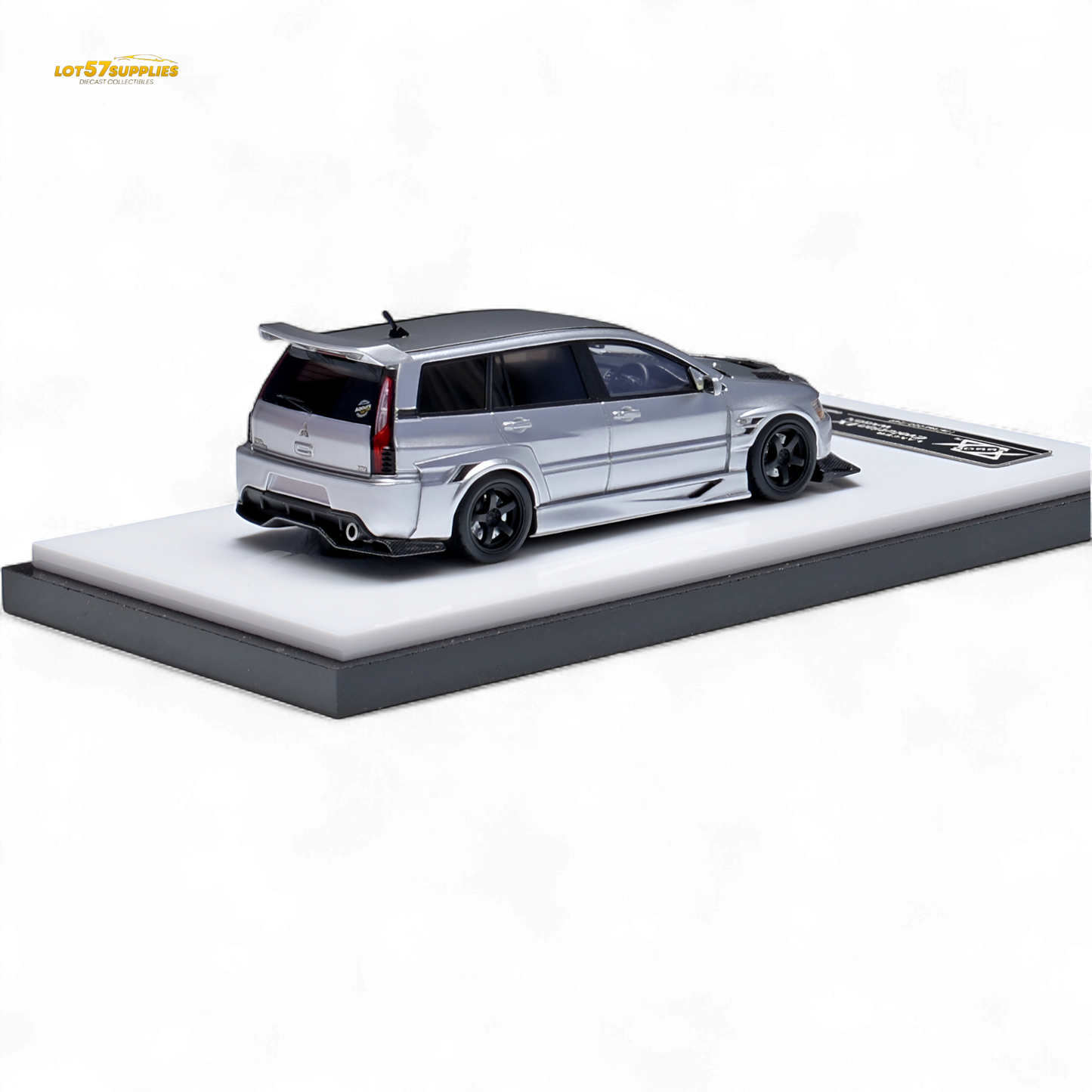 Glossy silver Mitsubishi Lancer EVO 9 Wagon diecast model in 1:64 scale, detailed miniature car by Lot57Supplies Diecast Shop.