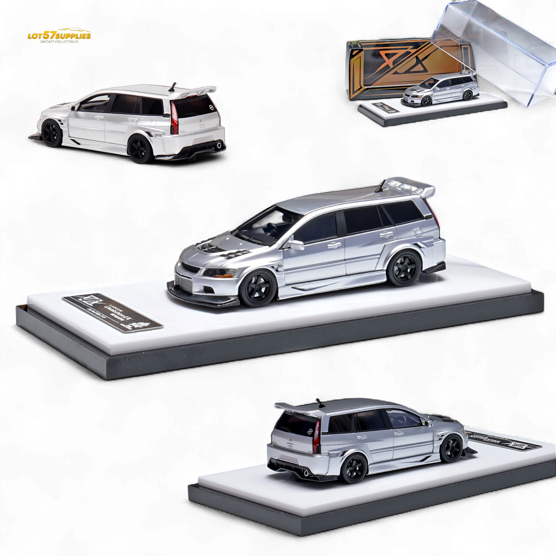 Glossy silver Mitsubishi Lancer EVO 9 wagon diecast model in 1:64 scale, detailed miniature from Lot57Supplies Diecast Shop.