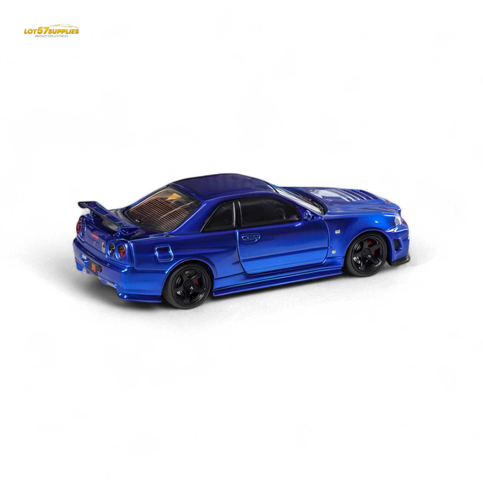 Nissan Fuji Skyline R34 GT-R Nismo Z-Tune diecast model in Bayside Blue, 1:64 scale, showcasing detailed exterior features