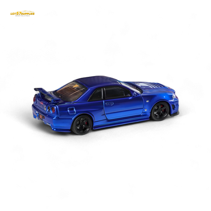 Nissan Fuji Skyline R34 GT-R Nismo Z-Tune diecast model in Bayside Blue, 1:64 scale, showcasing detailed exterior features
