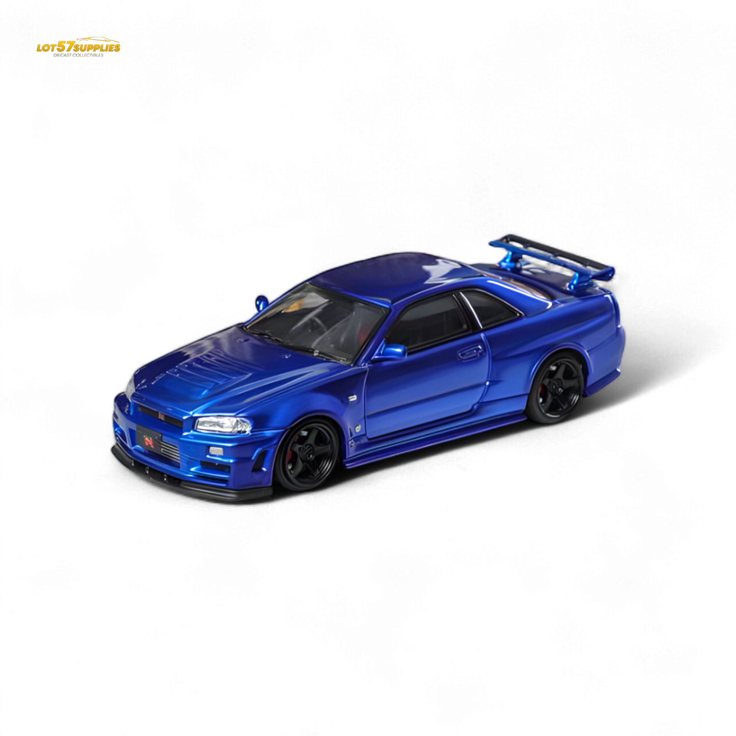 Nissan Fuji Skyline R34 GT-R Nismo Z-Tune diecast model in Bayside Blue, 1:64 scale, detailed miniature collectible.