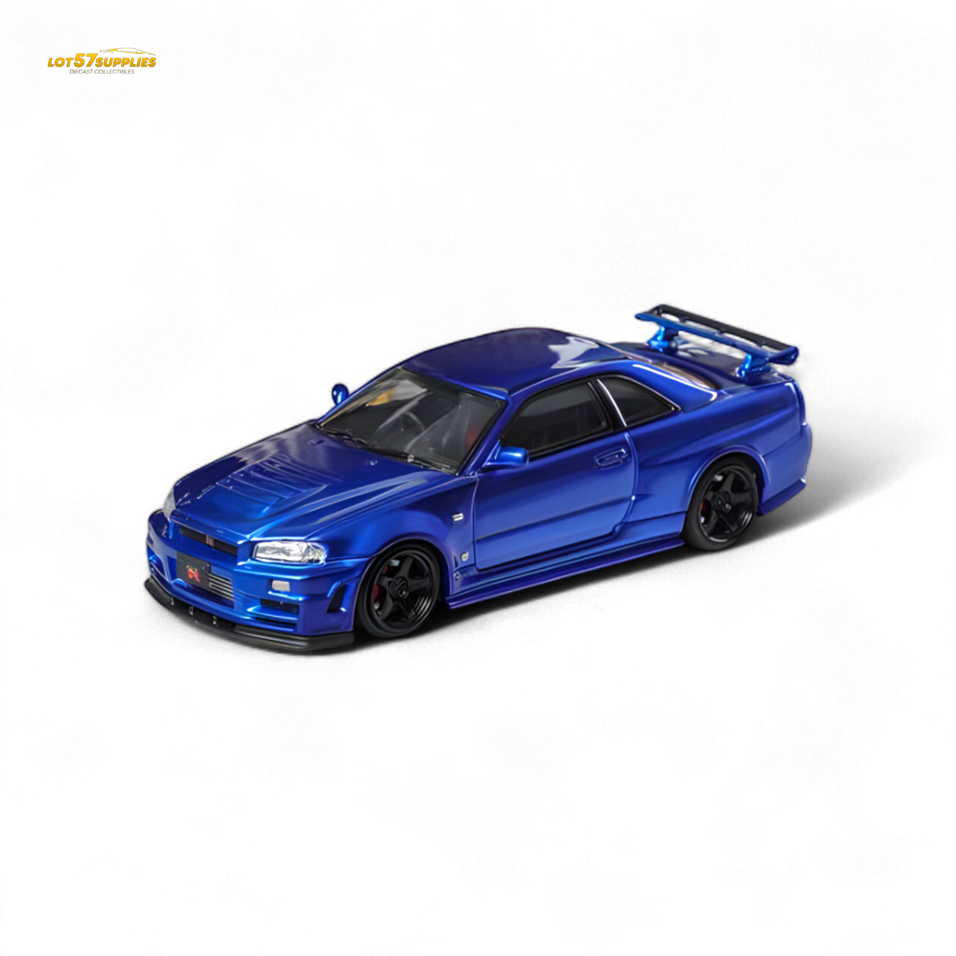 Nissan Fuji Skyline R34 GT-R Nismo Z-Tune diecast model in Bayside Blue, 1:64 scale, detailed miniature collectible.