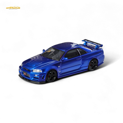 Nissan Fuji Skyline R34 GT-R Nismo Z-Tune diecast model in Bayside Blue, 1:64 scale, detailed miniature collectible.