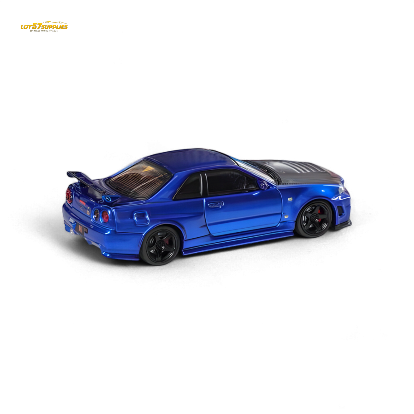 Nissan Fuji Skyline R34 GT-R Nismo Z-Tune diecast model in Bayside Blue, 1:64 scale, with detailed exterior features.