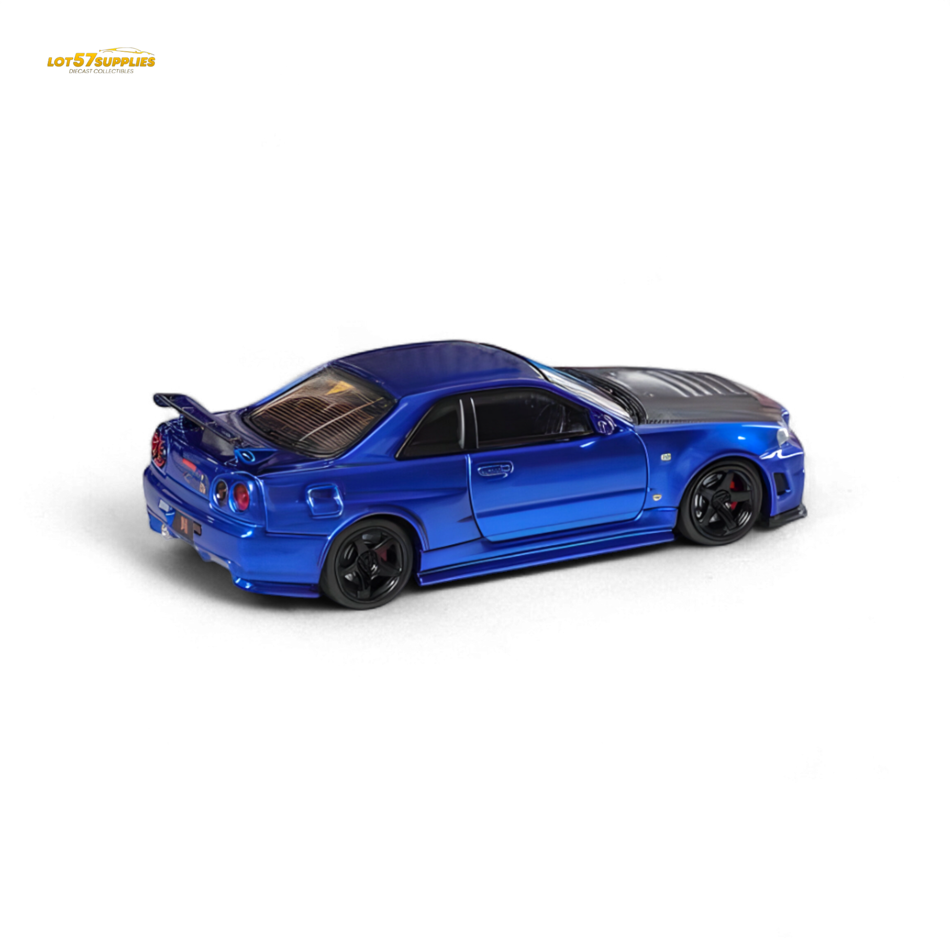 Nissan Fuji Skyline R34 GT-R Nismo Z-Tune diecast model in Bayside Blue, 1:64 scale, with detailed exterior features.