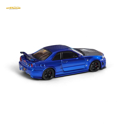 Nissan Fuji Skyline R34 GT-R Nismo Z-Tune diecast model in Bayside Blue, 1:64 scale, with detailed exterior features.