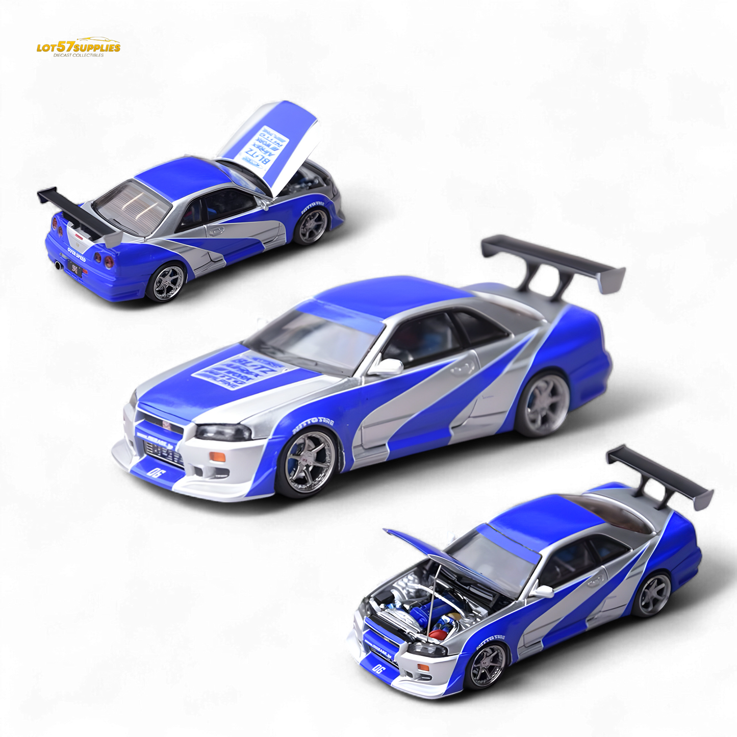 Silver blue Nissan Skyline GT-R R34 diecast model in 1:64 scale by Lot57Supplies, detailed view of the Focal Horizon Horizon Skyline GT-R R34.