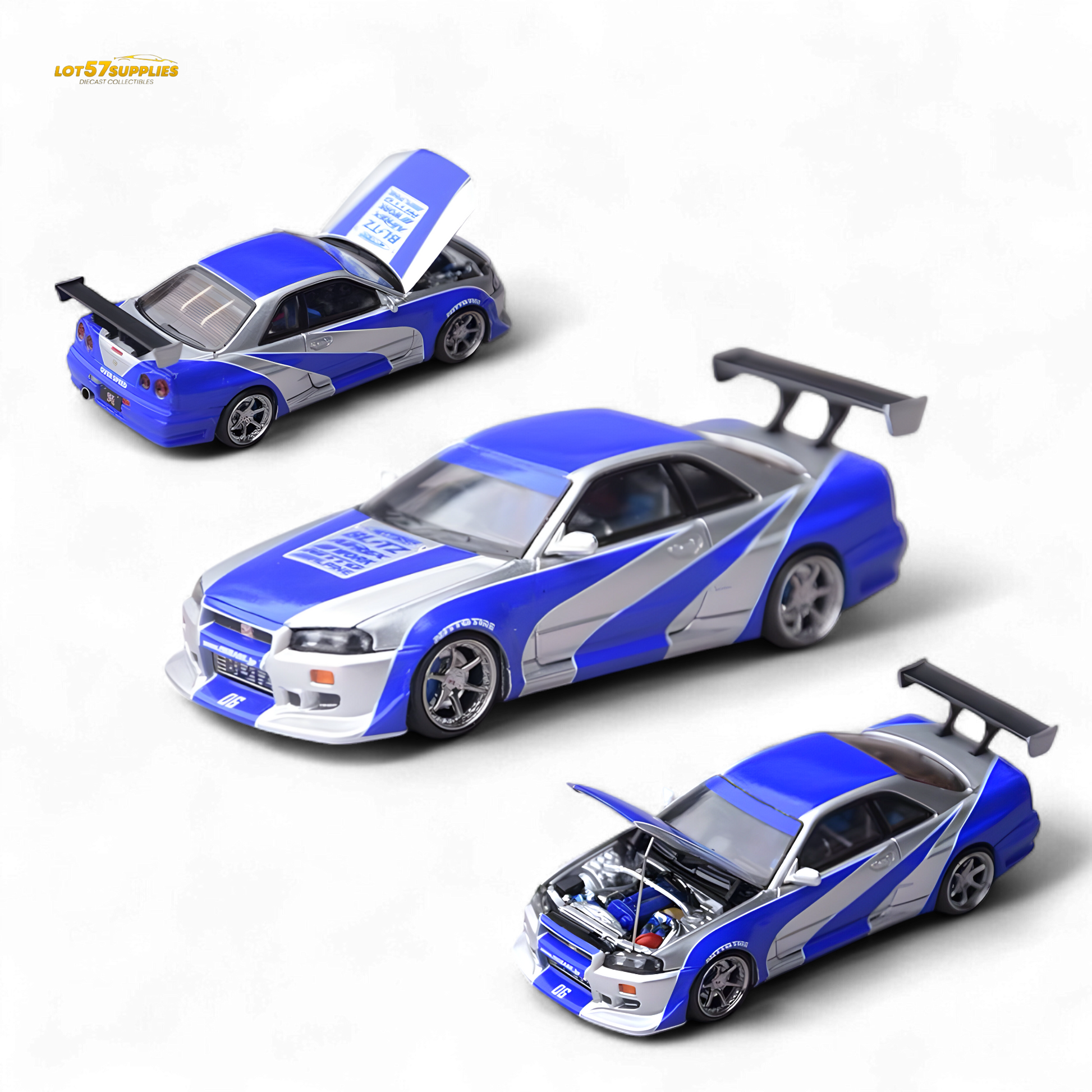 Silver blue Nissan Skyline GT-R R34 diecast model in 1:64 scale by Lot57Supplies, detailed view of the Focal Horizon Horizon Skyline GT-R R34.