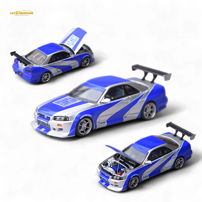 Silver blue Nissan Skyline GT-R R34 diecast model in 1:64 scale by Lot57Supplies, detailed view of the Focal Horizon Horizon Skyline GT-R R34.