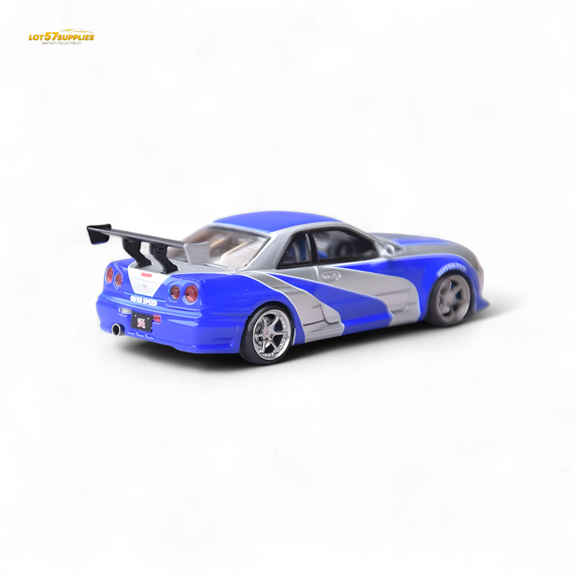 Silver blue Nissan Skyline GT-R R34 diecast model in 1:64 scale, detailed miniature car from Lot57Supplies Diecast Shop.