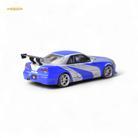 Silver blue Nissan Skyline GT-R R34 diecast model in 1:64 scale, detailed miniature car from Lot57Supplies Diecast Shop.