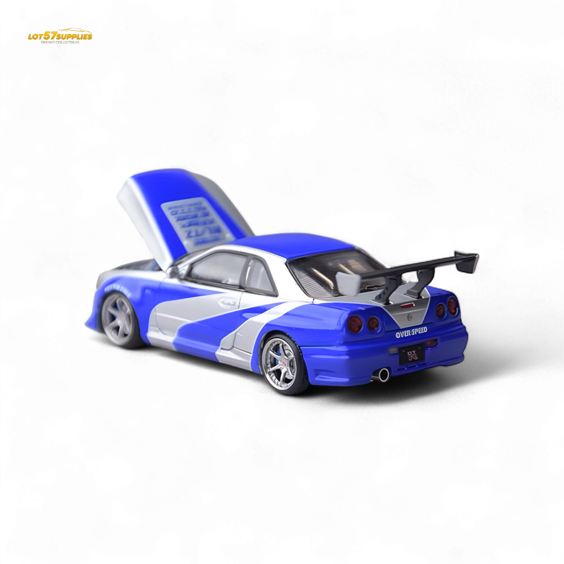 Silver blue Nissan GT-R R34 diecast model from Focal Horizon Skyline series, detailed 1:64 scale collectible by Lot57Supplies.