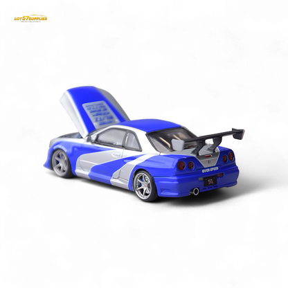 Silver blue Nissan GT-R R34 diecast model from Focal Horizon Skyline series, detailed 1:64 scale collectible by Lot57Supplies.