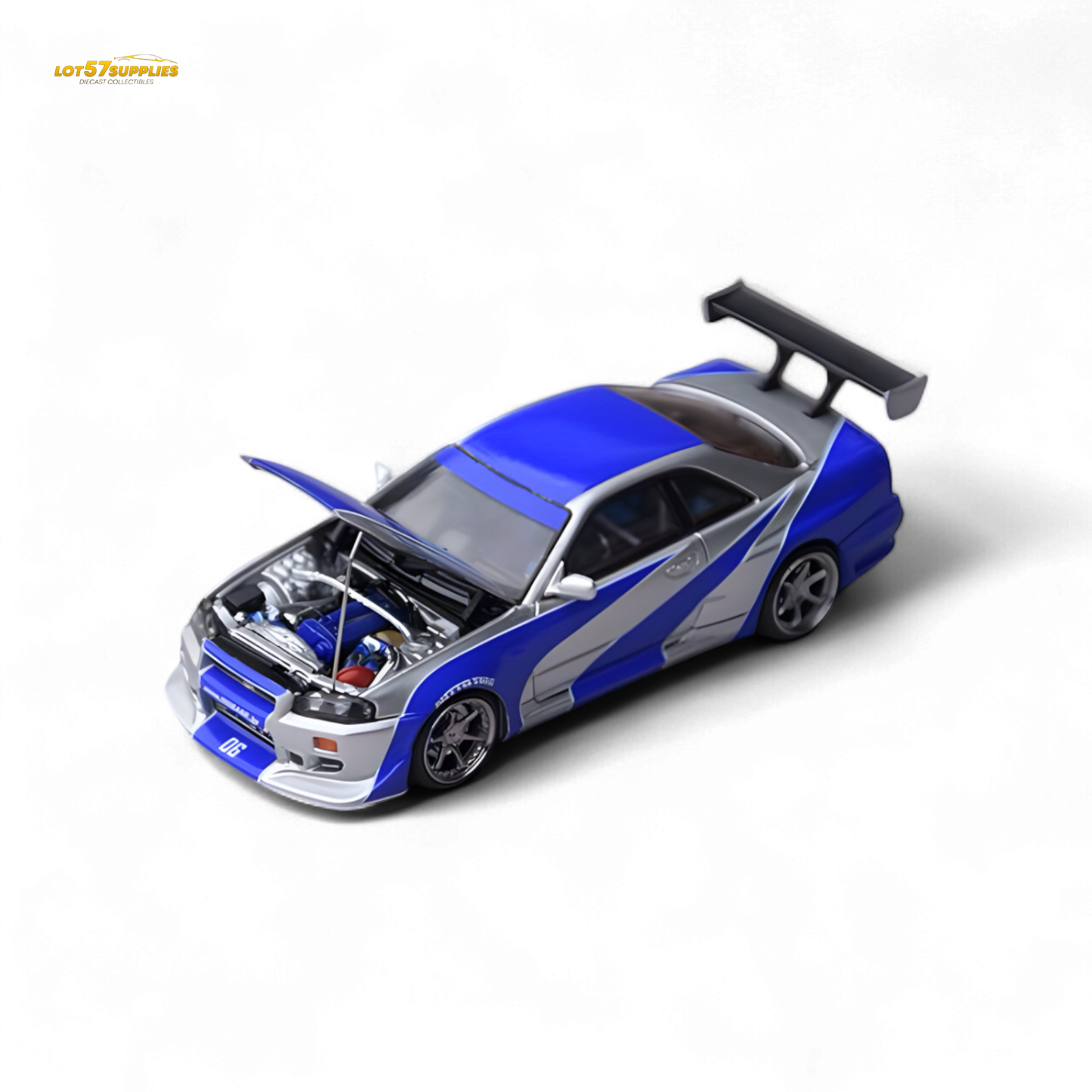 Silver blue Nissan Skyline GT-R R34 diecast model by Lot57Supplies, detailed 1:64 scale car with realistic design.