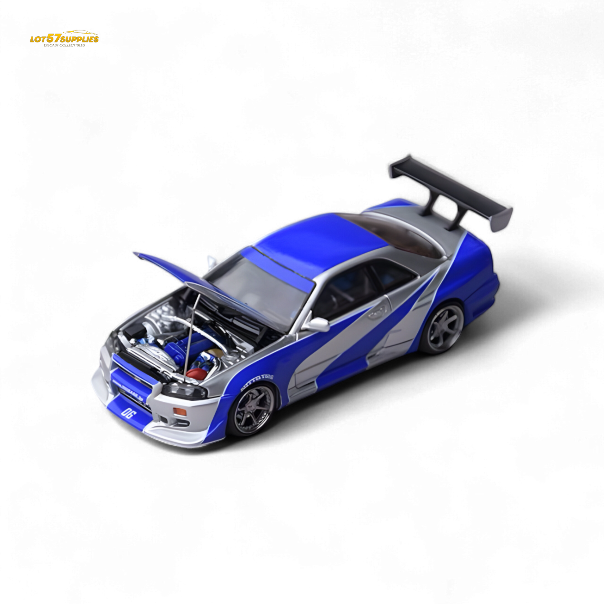 Silver blue Nissan Skyline GT-R R34 diecast model by Lot57Supplies, detailed 1:64 scale car with realistic design.