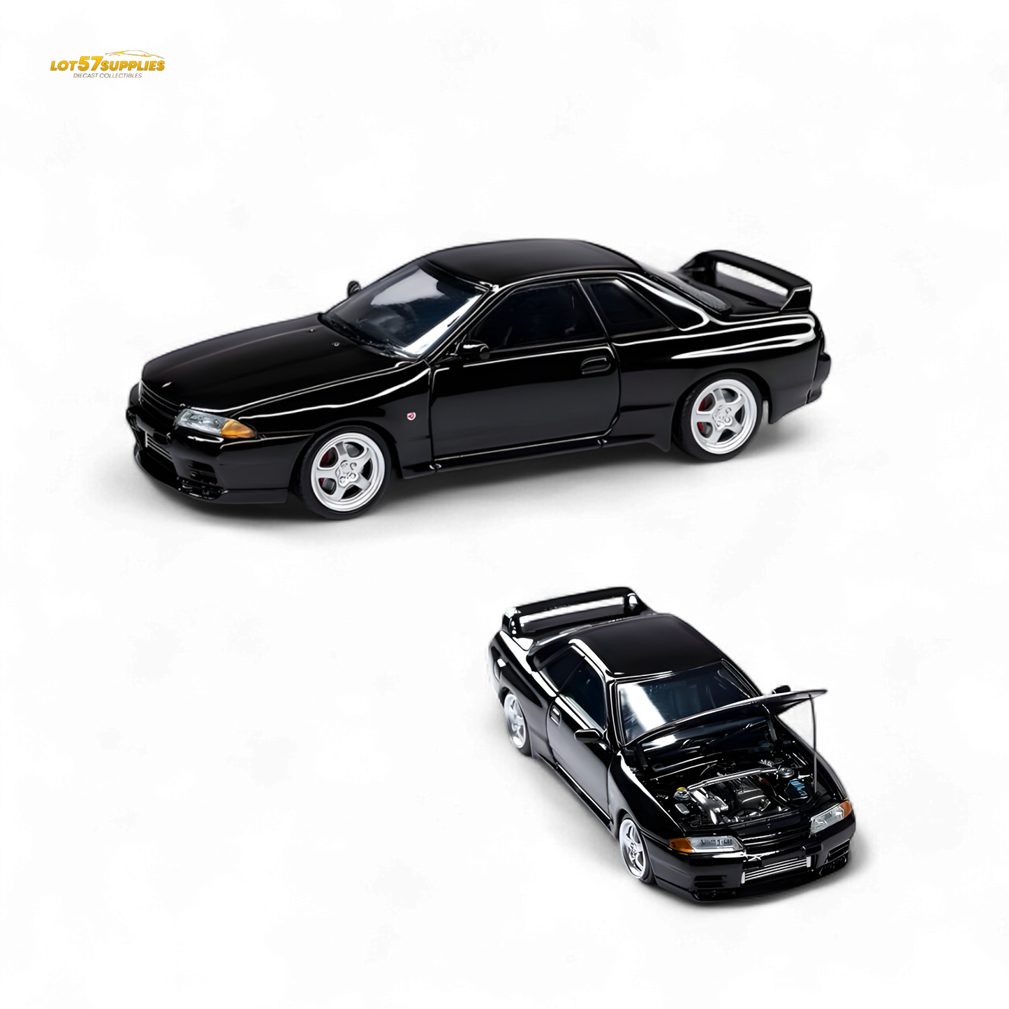 Black Nissan Skyline GT-R R32 Nismo S-Tune diecast model in 1:64 scale, featuring detailed exterior and realistic design.
