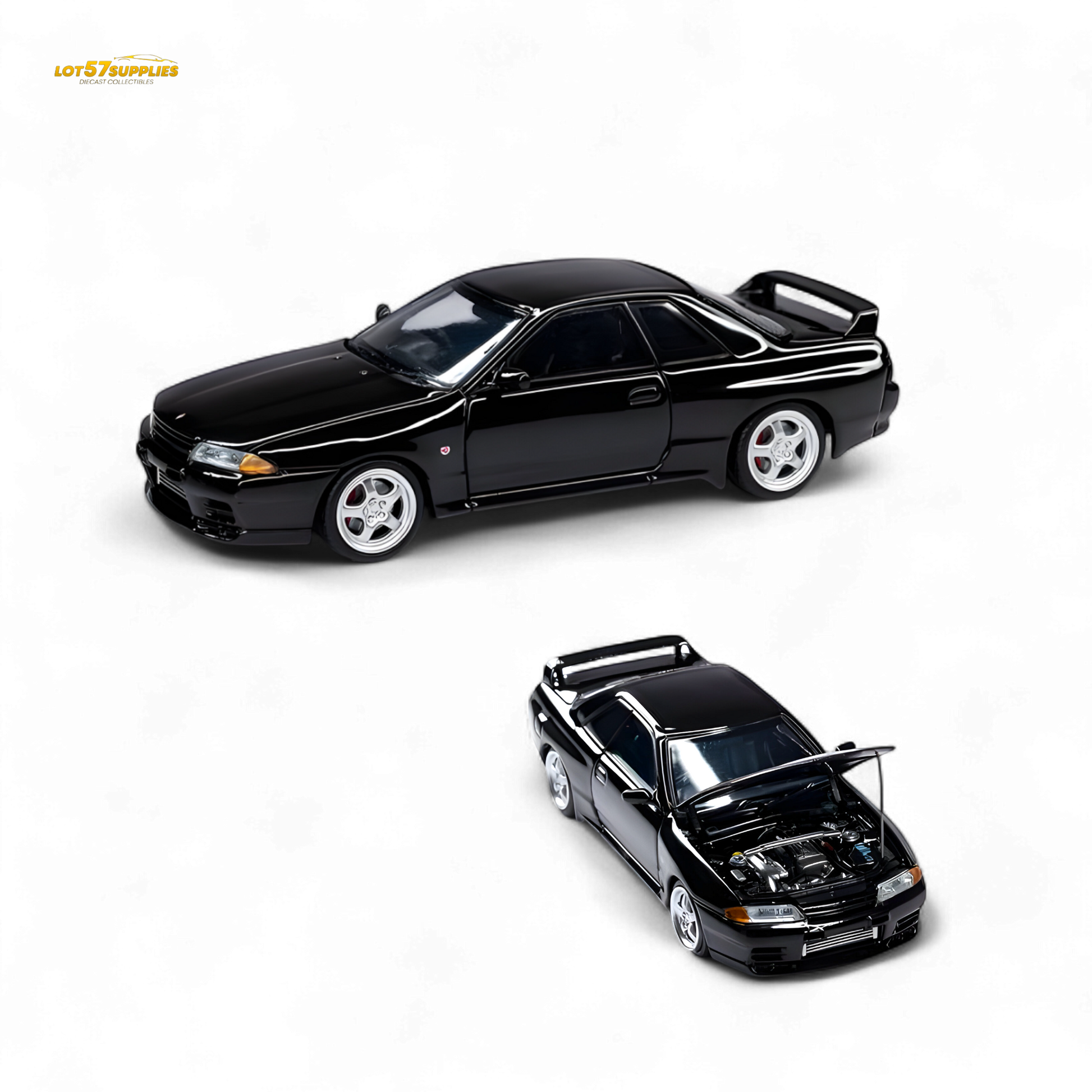 Black Nissan Skyline GT-R R32 Nismo S-Tune diecast model in 1:64 scale, featuring detailed exterior and realistic design.