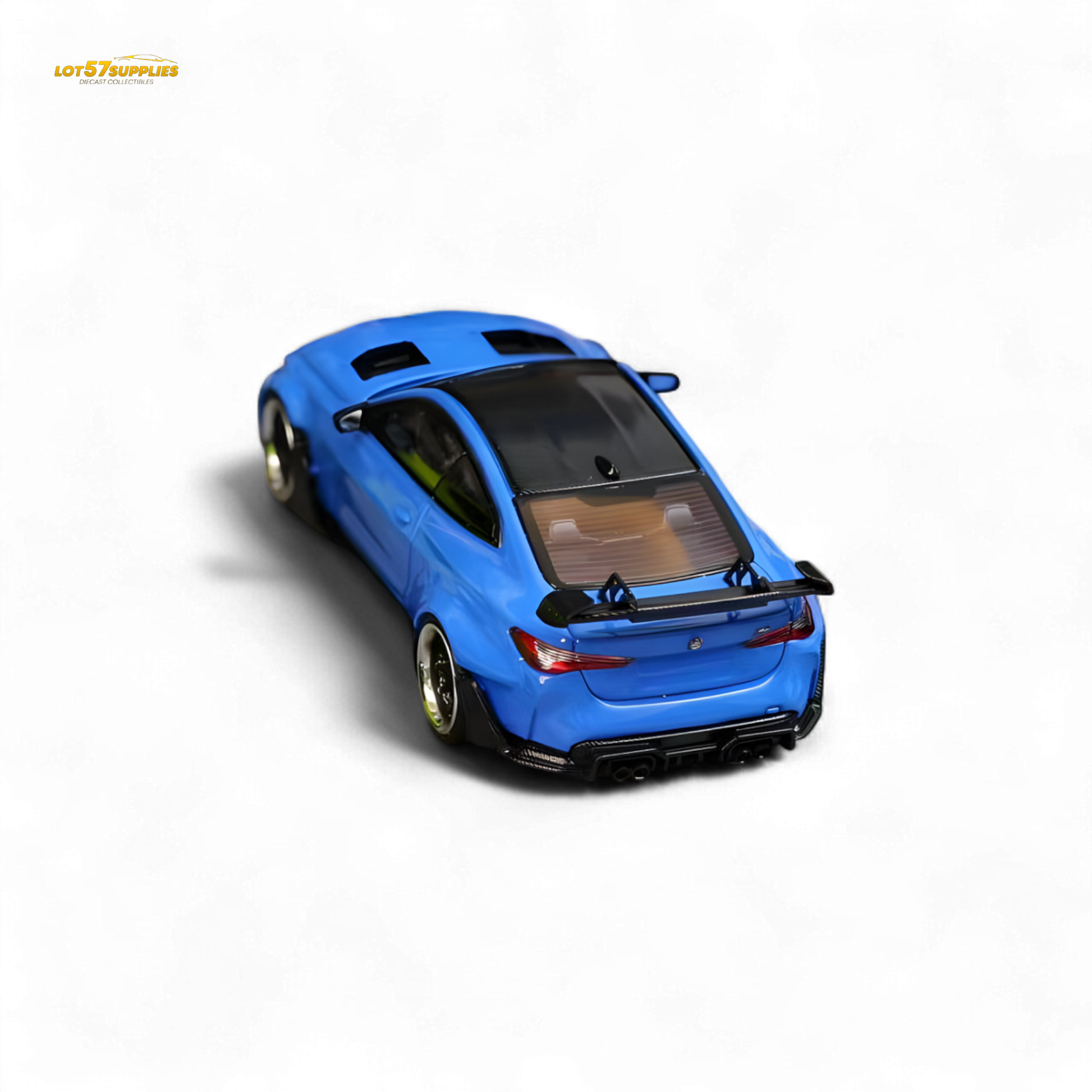 Portimao Blue SW BMW G82 M4 diecast model with wide-body modifications, detailed design, and brand-specific features.
