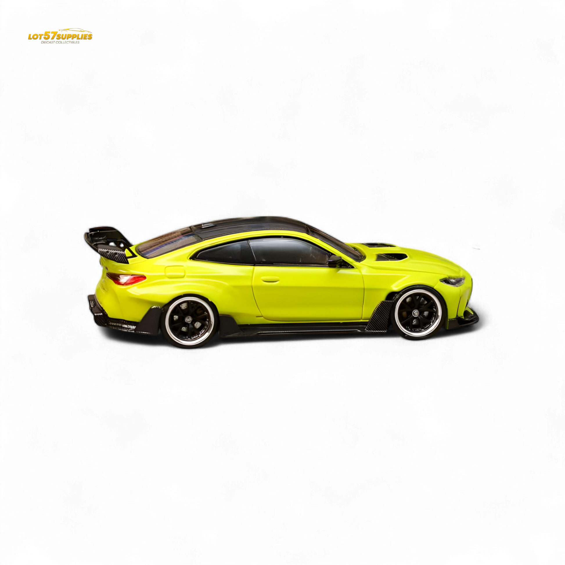 Diecast model of SW BMW G82 M4 wide-body in Sao Paulo Yellow, compact 1:64 scale, from Lot57Supplies Diecast Shop.