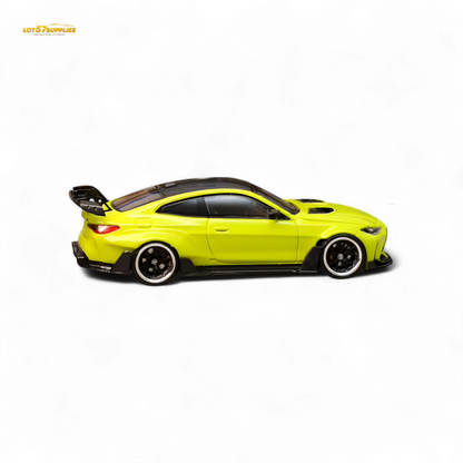 Diecast model of SW BMW G82 M4 wide-body in Sao Paulo Yellow, compact 1:64 scale, from Lot57Supplies Diecast Shop.