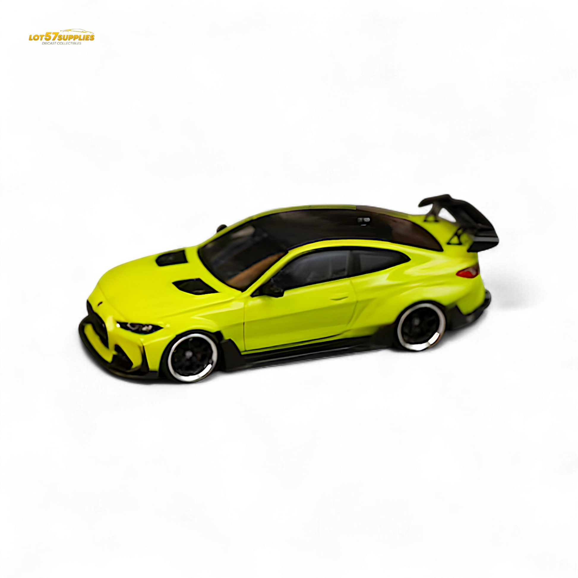 Sao Paulo Yellow SW BMW G82 M4 wide-body diecast car model by Lot57Supplies Diecast Shop, detailed view in 1:64 scale