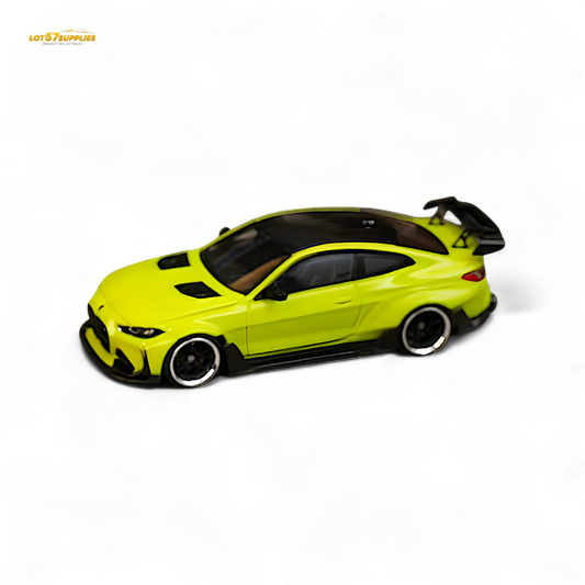Sao Paulo Yellow SW BMW G82 M4 wide-body diecast car model by Lot57Supplies Diecast Shop, detailed view in 1:64 scale