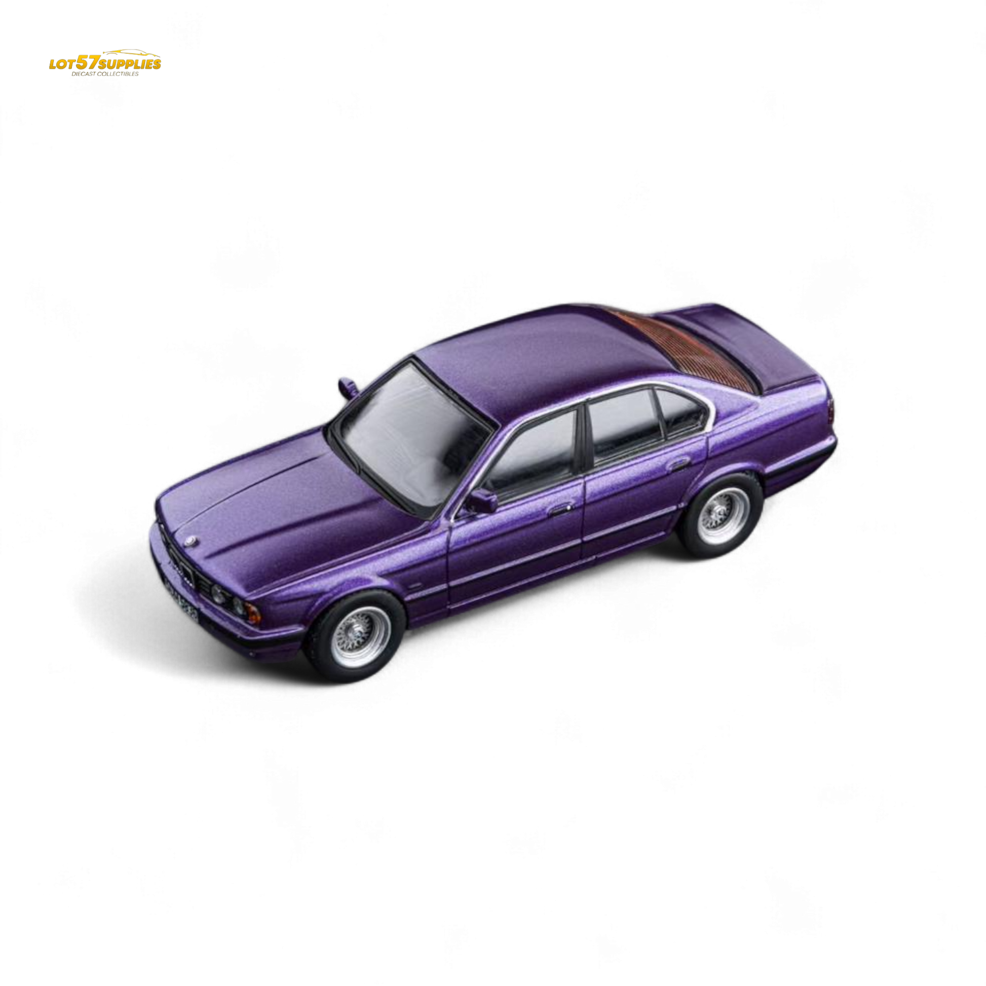 Pre-order diecast BMW E34 5-Series sedan in Daytona Roland Purple by Lot57Supplies, 1:64 scale model, detailed car replica.