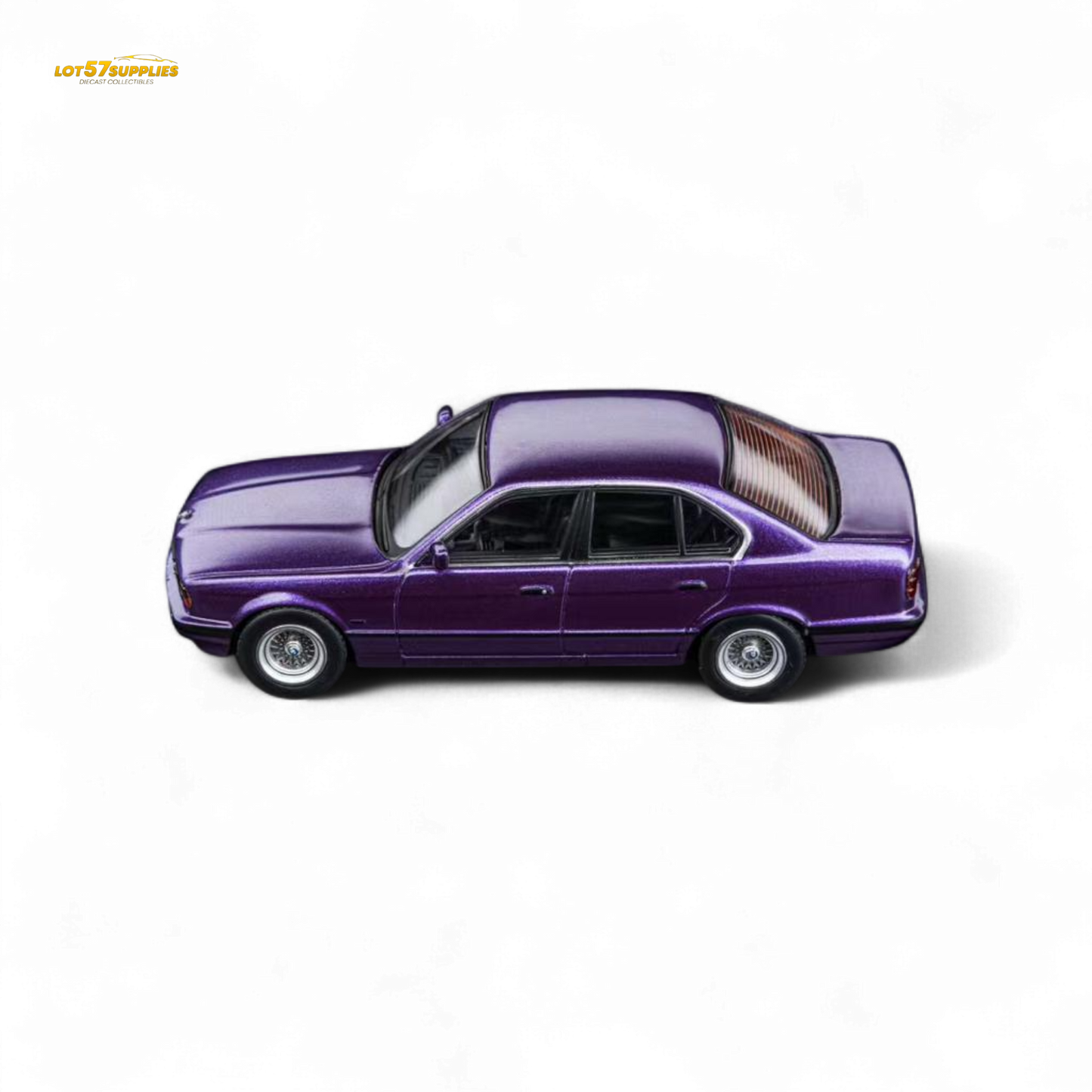 Pre-order diecast BMW E34 5-Series sedan in Daytona Roland Purple by Lot57Supplies, 1:64 scale model with detailed exterior.