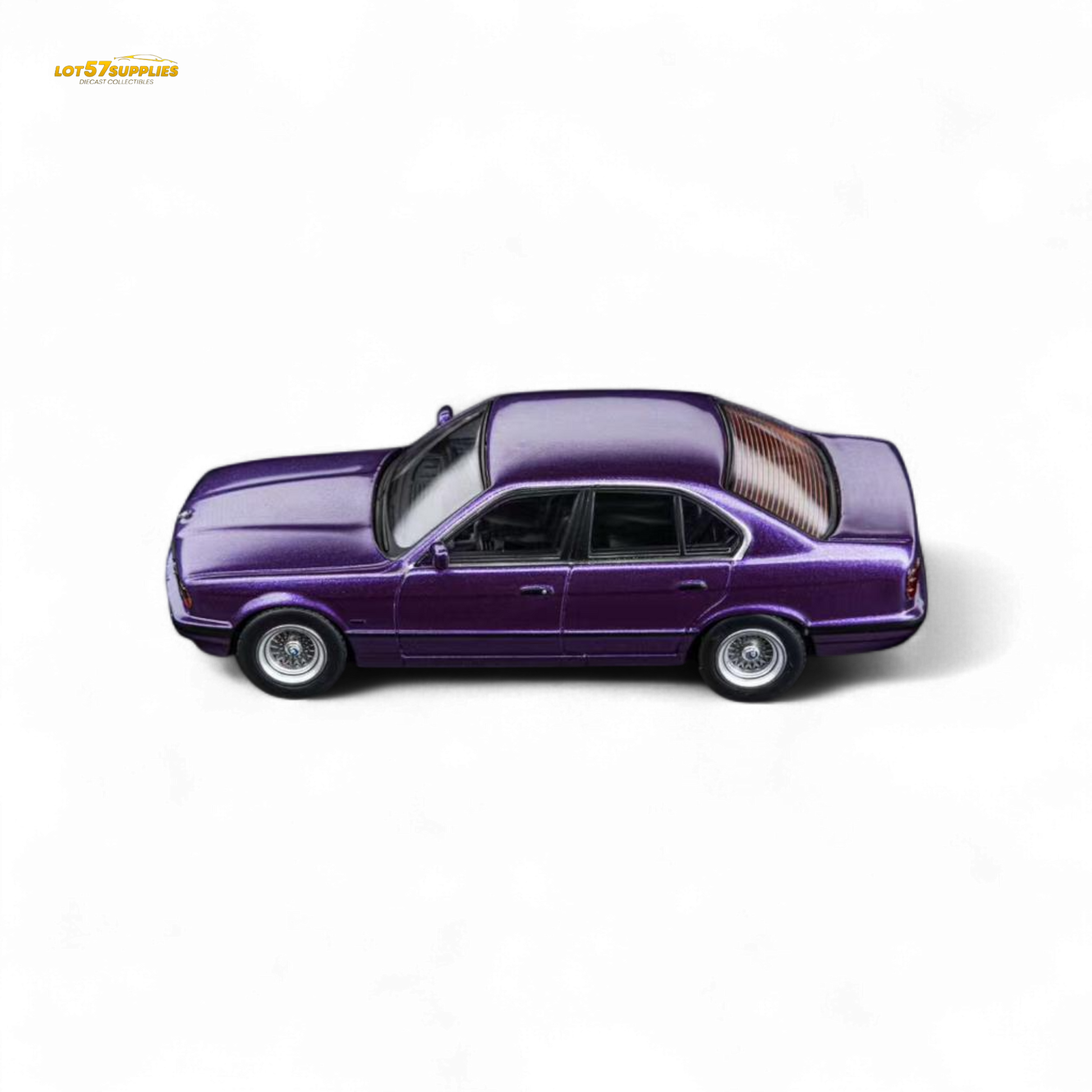 Pre-order diecast BMW E34 5-Series sedan in Daytona Roland Purple by Lot57Supplies, 1:64 scale model with detailed exterior.