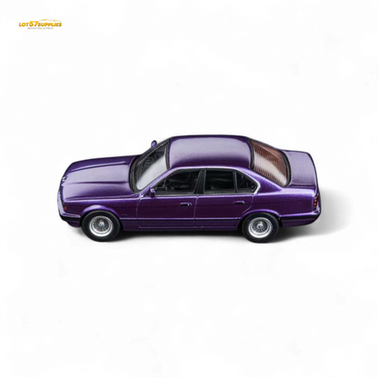 Pre-order diecast BMW E34 5-Series sedan in Daytona Roland Purple by Lot57Supplies, 1:64 scale model with detailed exterior.