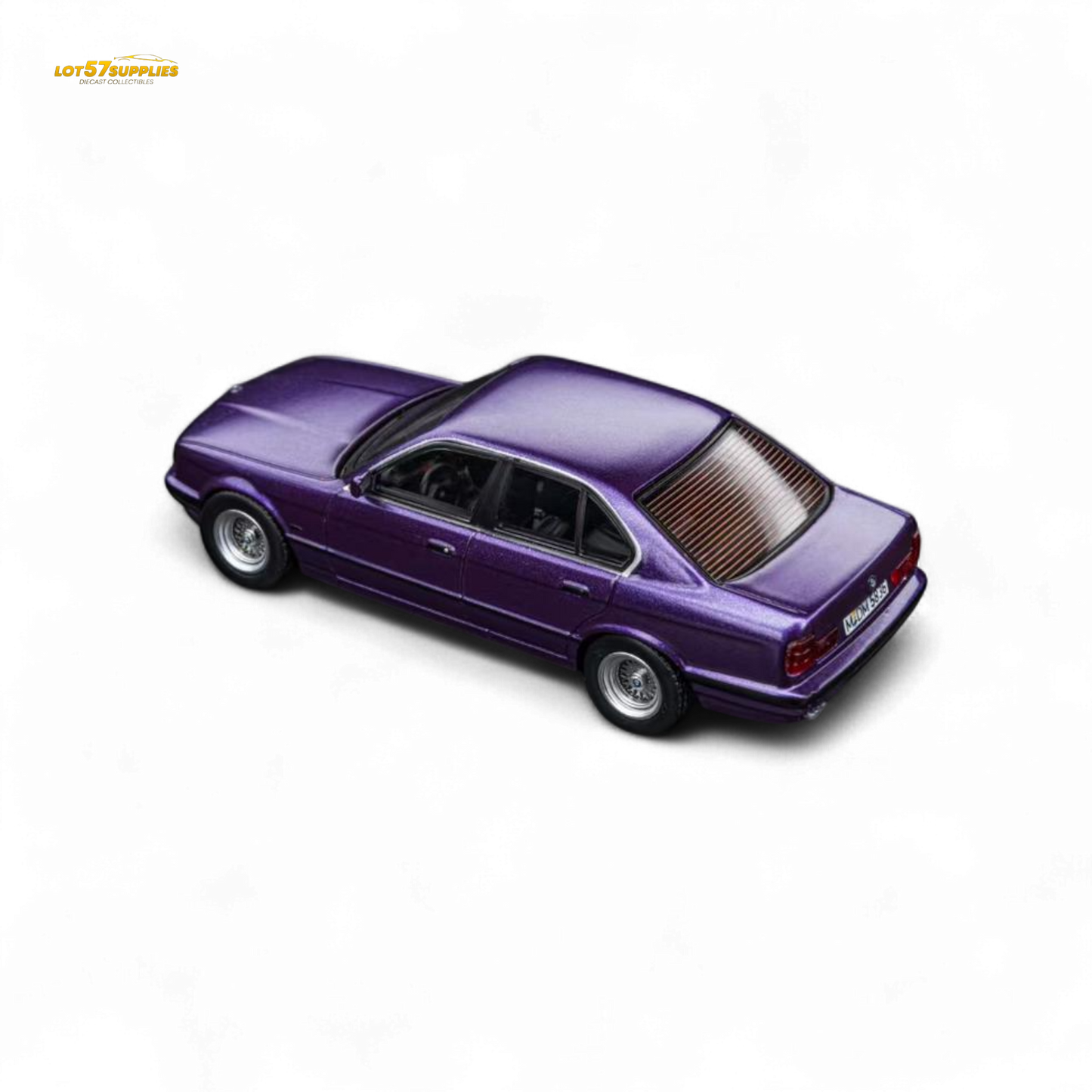 Pre-order diecast BMW E34 5-Series Sedan in Daytona Roland Purple, 1:64 scale by Lot57Supplies Diecast Shop.