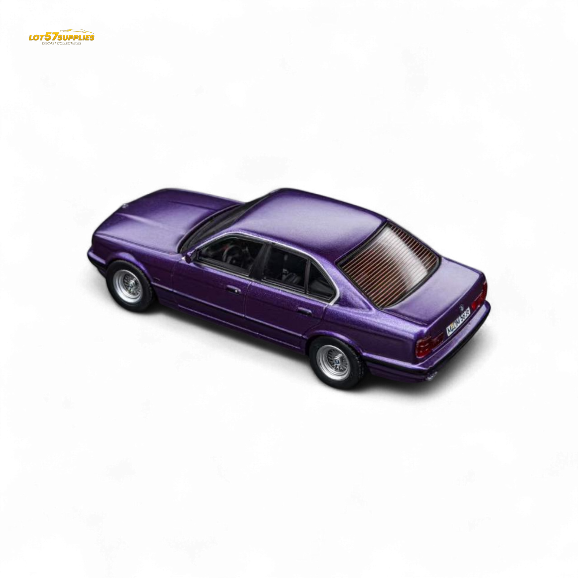 Pre-order diecast BMW E34 5-Series Sedan in Daytona Roland Purple, 1:64 scale by Lot57Supplies Diecast Shop.