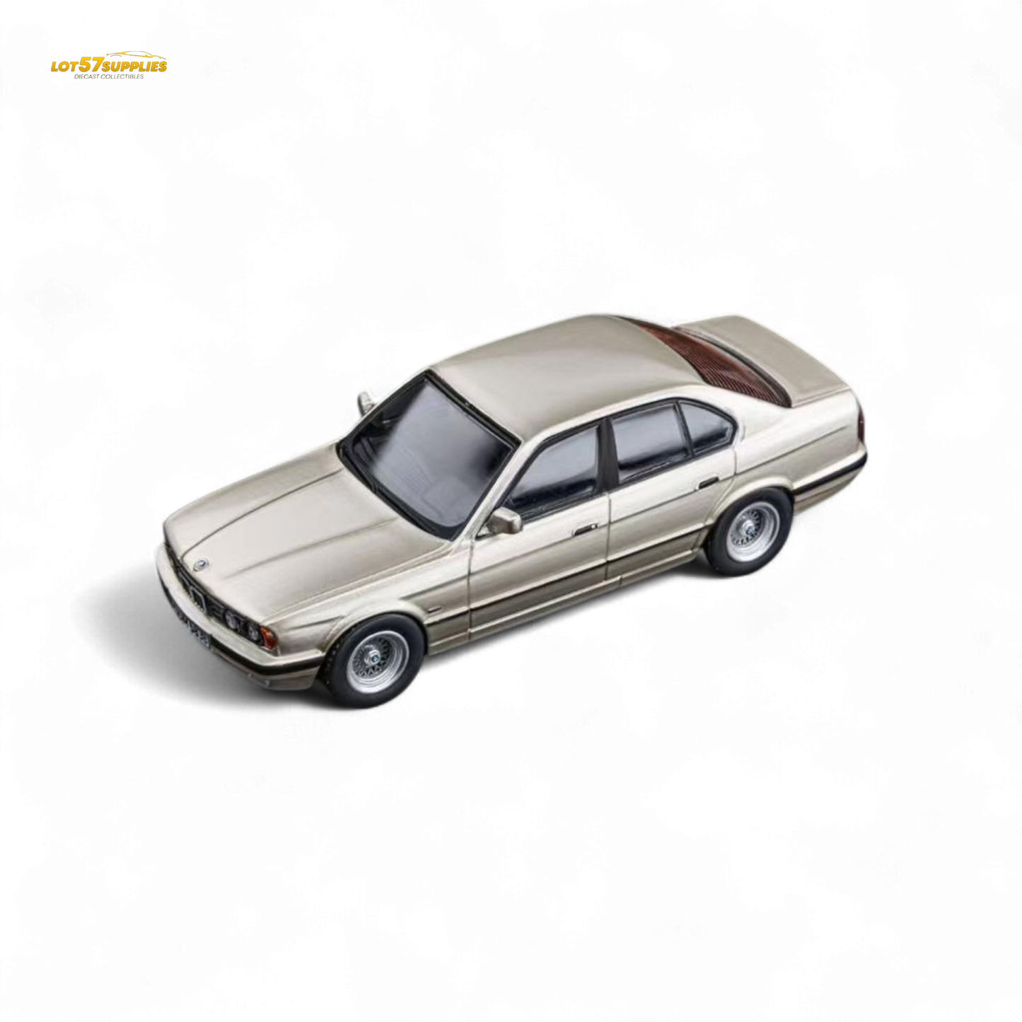 Pre-order diecast BMW E34 5-Series sedan in Cashmere Beagle Gold, 1:64 scale by Lot57Supplies Diecast Shop.