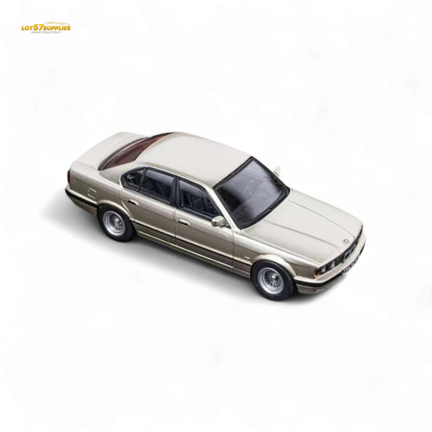 Pre-order DCM BMW E34 5-Series Sedan diecast model in Cashmere Beagle Gold by Lot57Supplies, detailed miniature car.