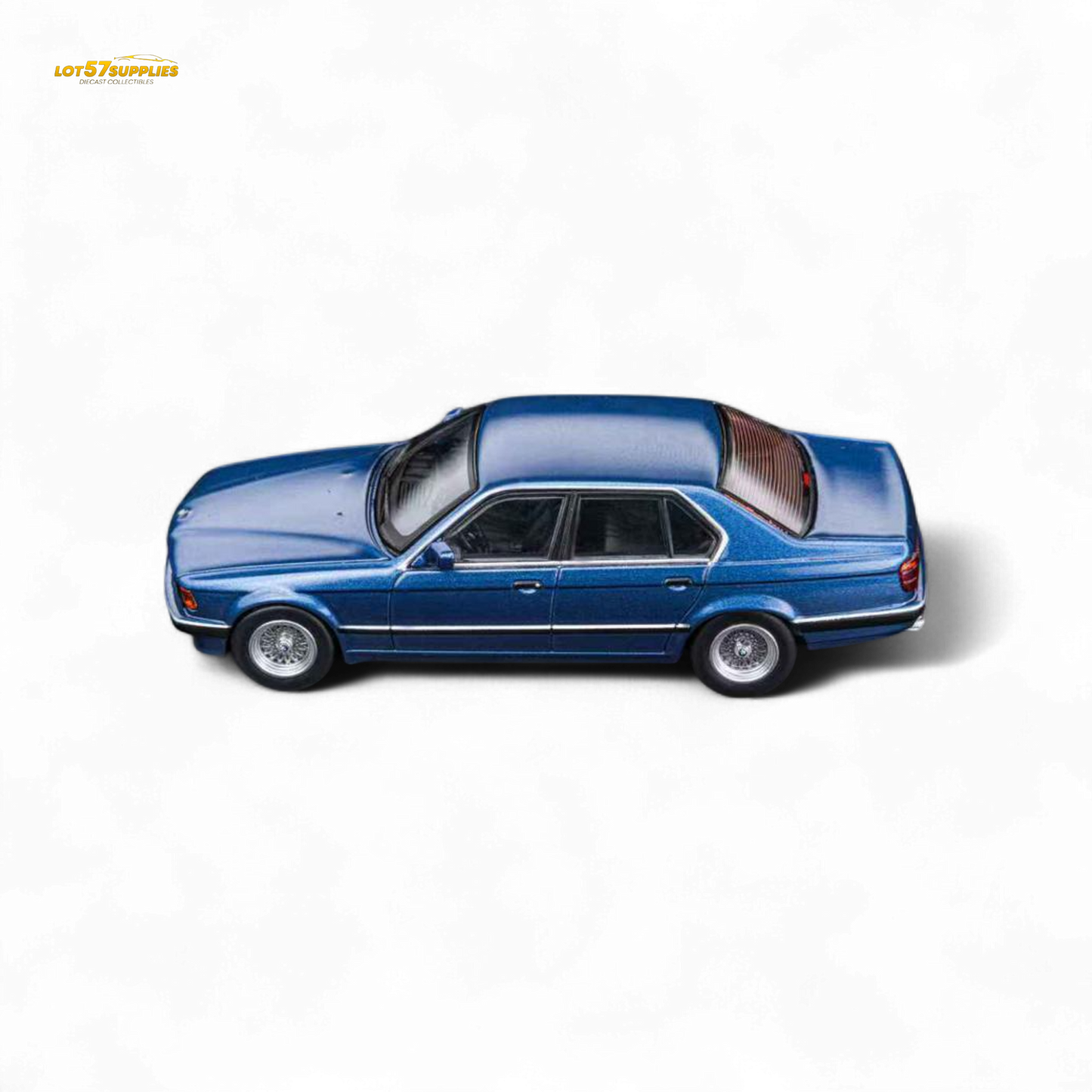 Miniature BMW E32 7-Series Sedan diecast model in Alpina Blue, 1:64 scale, detailed collectible by Lot57Supplies.