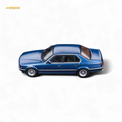 Miniature BMW E32 7-Series Sedan diecast model in Alpina Blue, 1:64 scale, detailed collectible by Lot57Supplies.