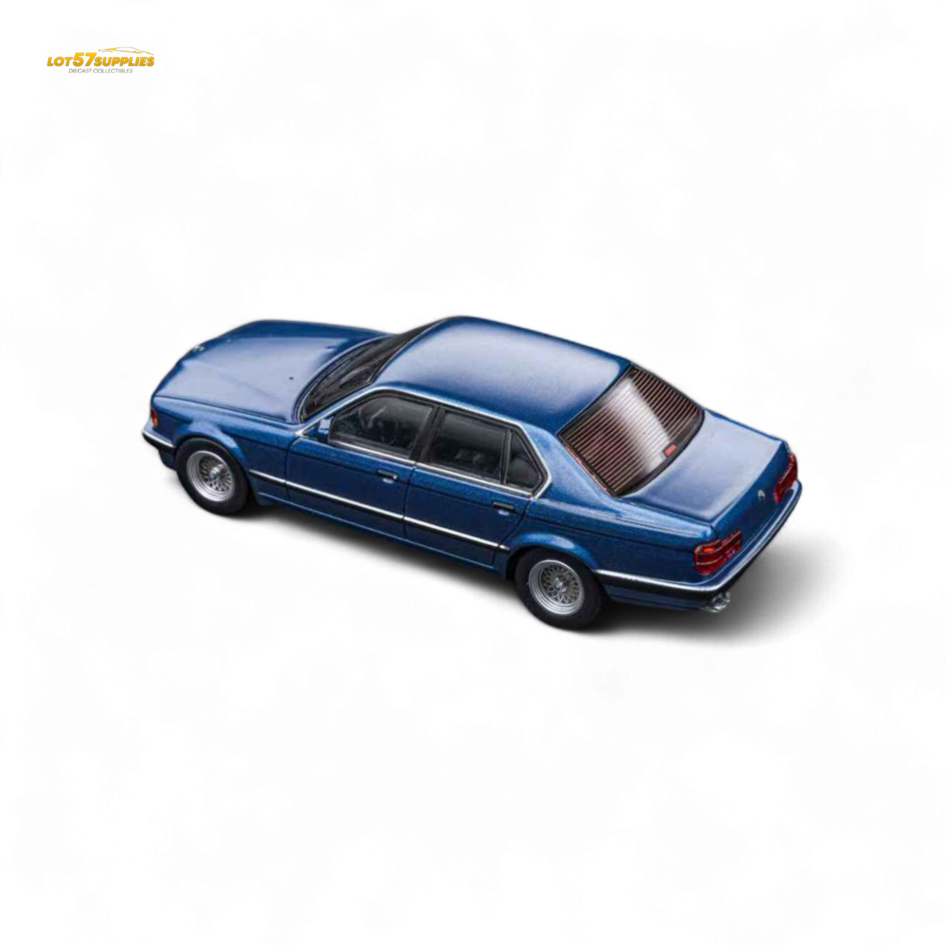 Miniature BMW E32 7-Series Sedan diecast model in Alpina Blue, 1:64 scale by Lot57Supplies Diecast Shop.