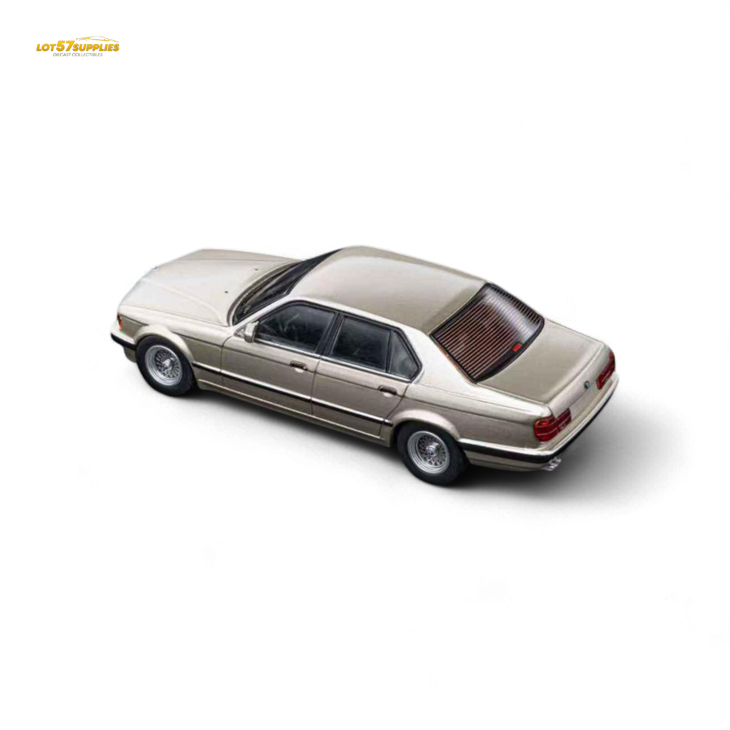 Gold 1:64 scale diecast BMW E32 7-Series sedan model in cashmere color by Lot57Supplies Diecast Shop.